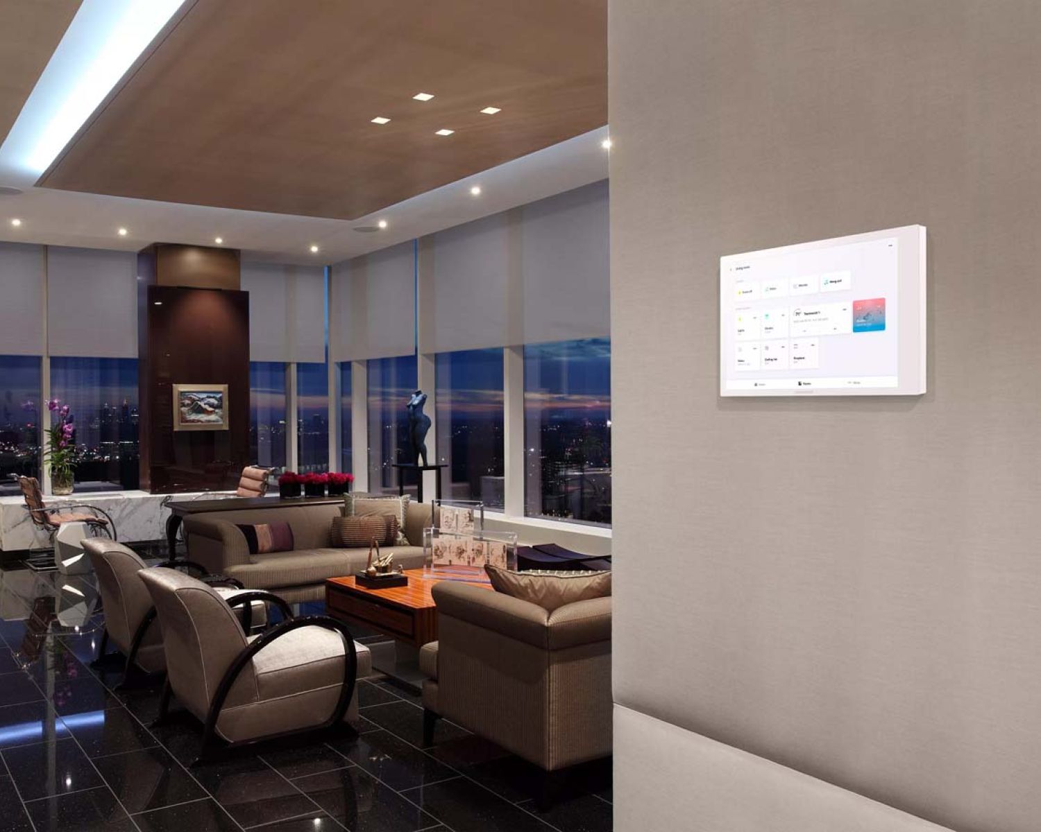Crestron Touch panel on beige wall with Crestron Window treatments