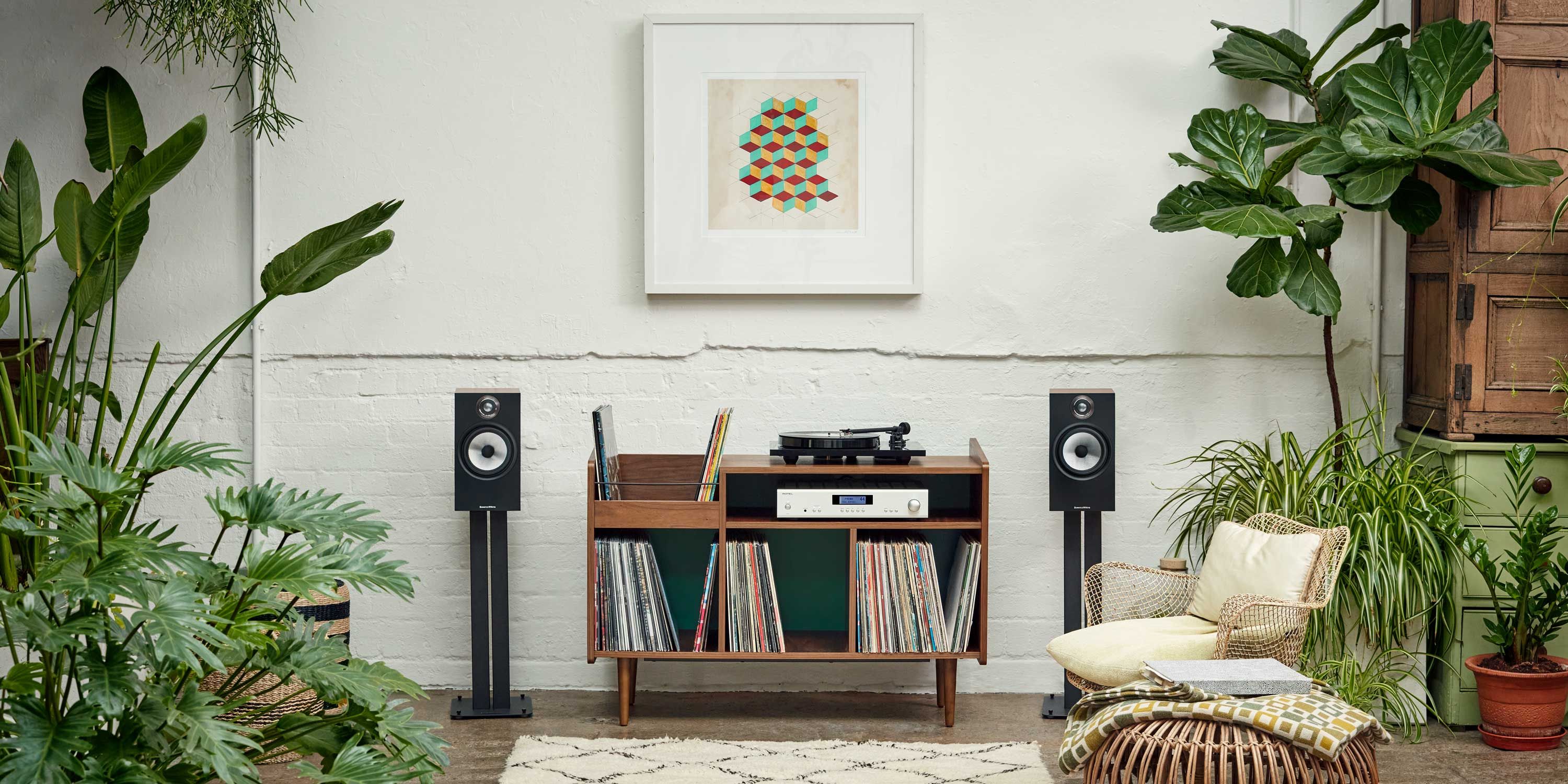 listening room with bowers and wilkins speakers, house plants