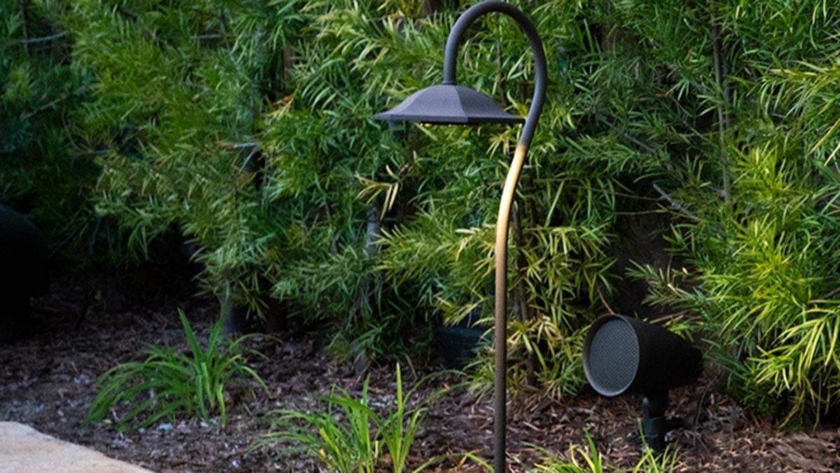 Sonance landscape lighting and speakers seamlessly integrated into a lush garden with dense foliage.